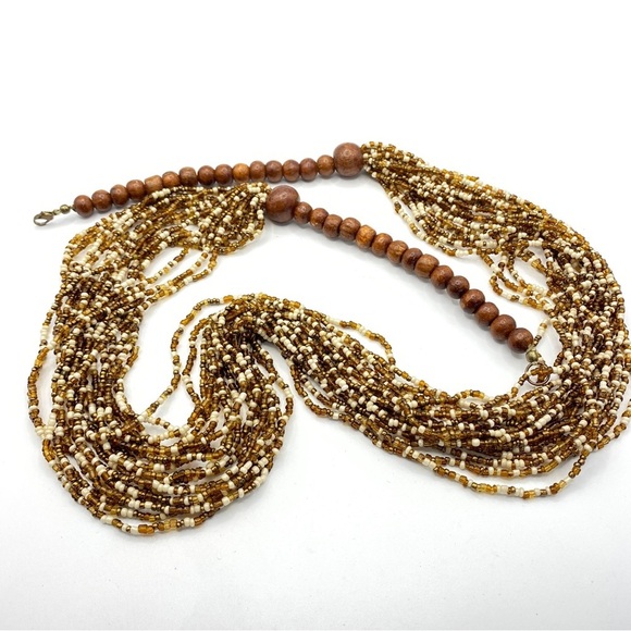 Boho Multi-Strand Brown Cream Seed Beads Long Necklace Artisan Made - Picture 2 of 8